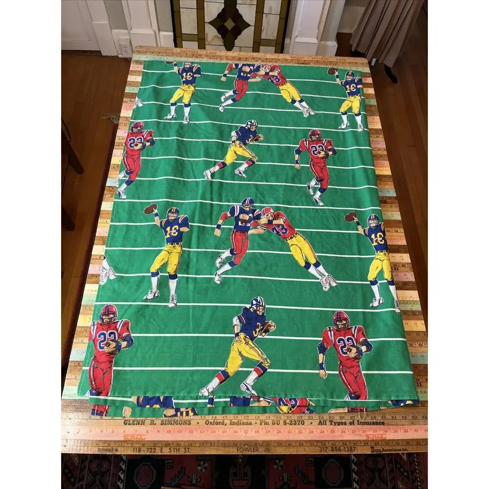 Vintage 70s FOOTBALL Players Flat Bed Sheet Bunk Size 95x 63 